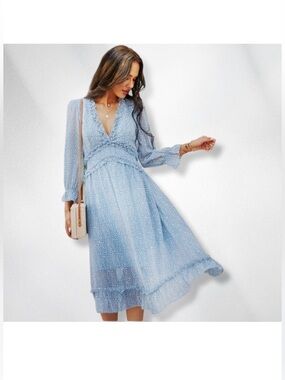 Feminine V-Neck Midi Dress with Ruffle Trim